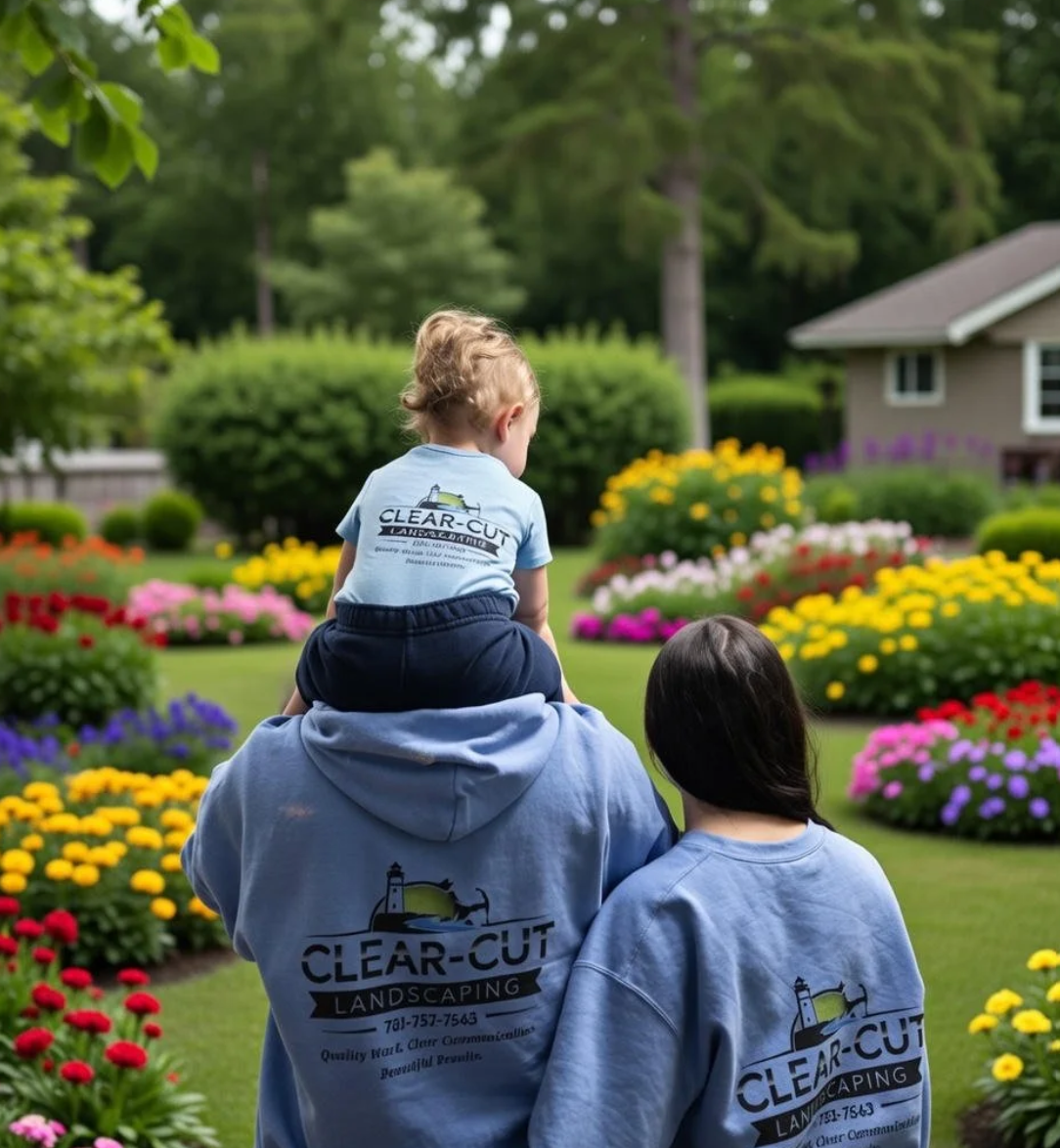 Clear-Cut Landscaping family wearing company shirts overlooking a landscaped yard